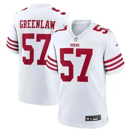 White San Francisco 49ers Dre Greenlaw NFL jersey with red numbers and stripes
