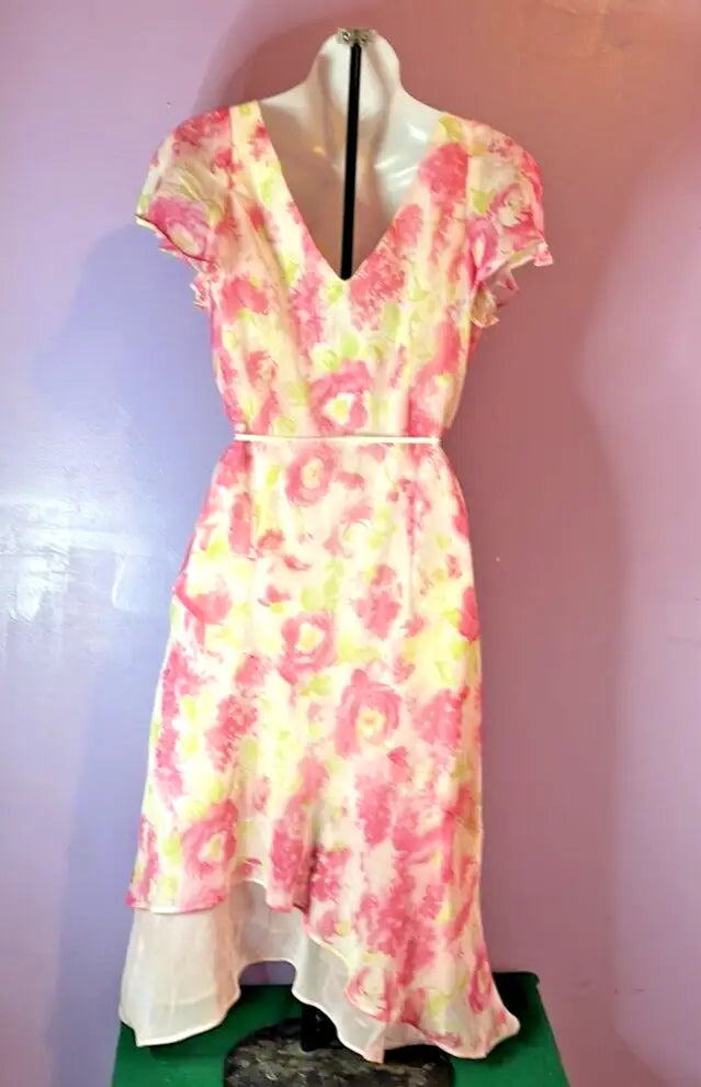 Dress Barn sheer pink floral dress with v-neck, short sleeves, white belt, colorful pattern