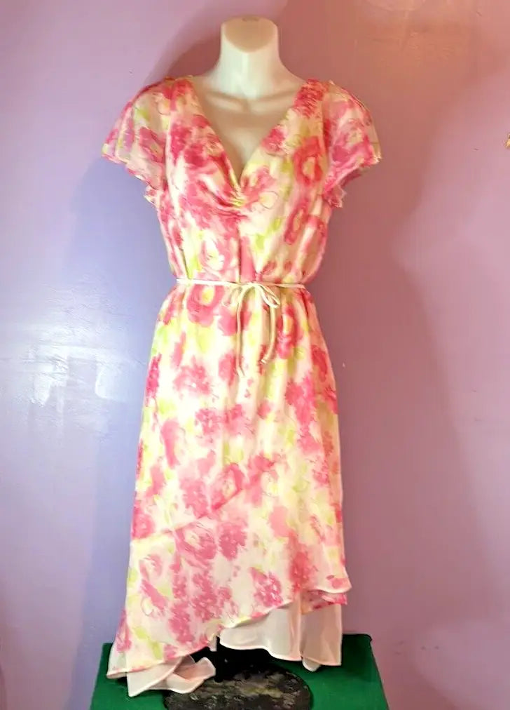 Dress Barn Women’s Sheer Pink Floral Midi Dress with V-neck and tie waist