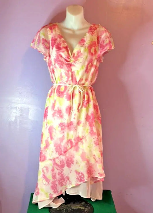 Dress Barn Women’s Sheer Pink Floral Midi Dress with V-neck and tie waist
