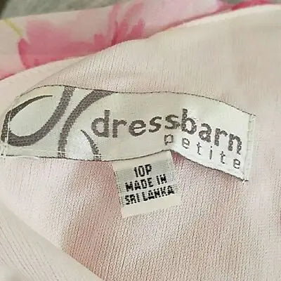 White clothing tag with Dress Barn Petite and Made in Sri Lanka for Dress Barn sheer pink floral dress