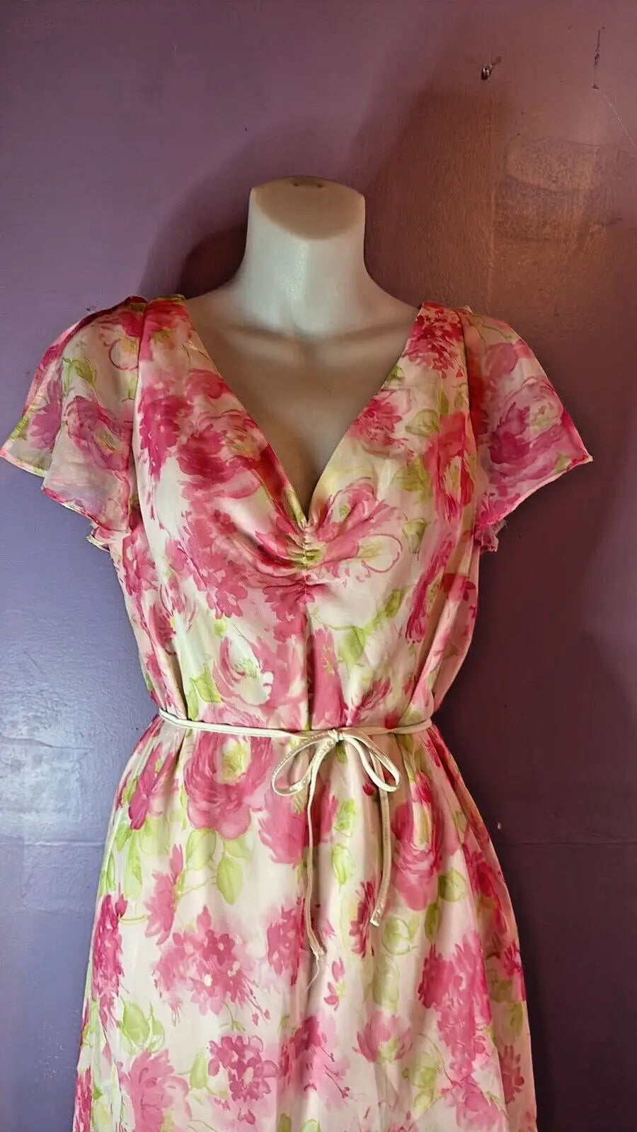 Pink and green floral print dress barn sheer pink floral short-sleeved V-neck tie-belt