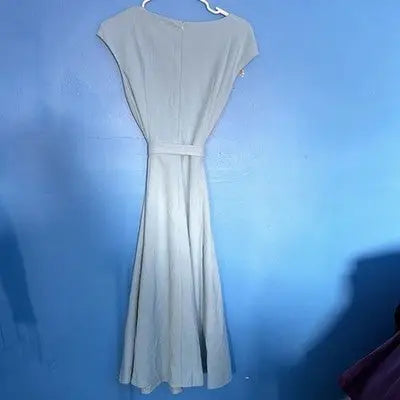 Light grey midi dress with tied waist and short sleeves from Dress Tells Baby Blue Sleeveless collection