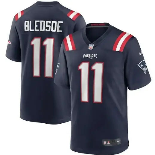 Navy blue Drew Bledsoe New England Patriots Nike game retired player jersey with 11 on front and back