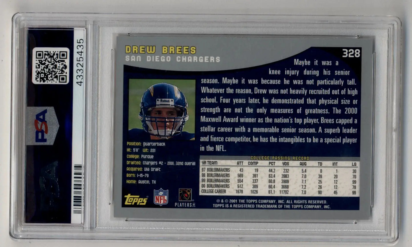 Drew Brees Topps Rookie trading card from 2001 Topps PSA 10 Gem Mint