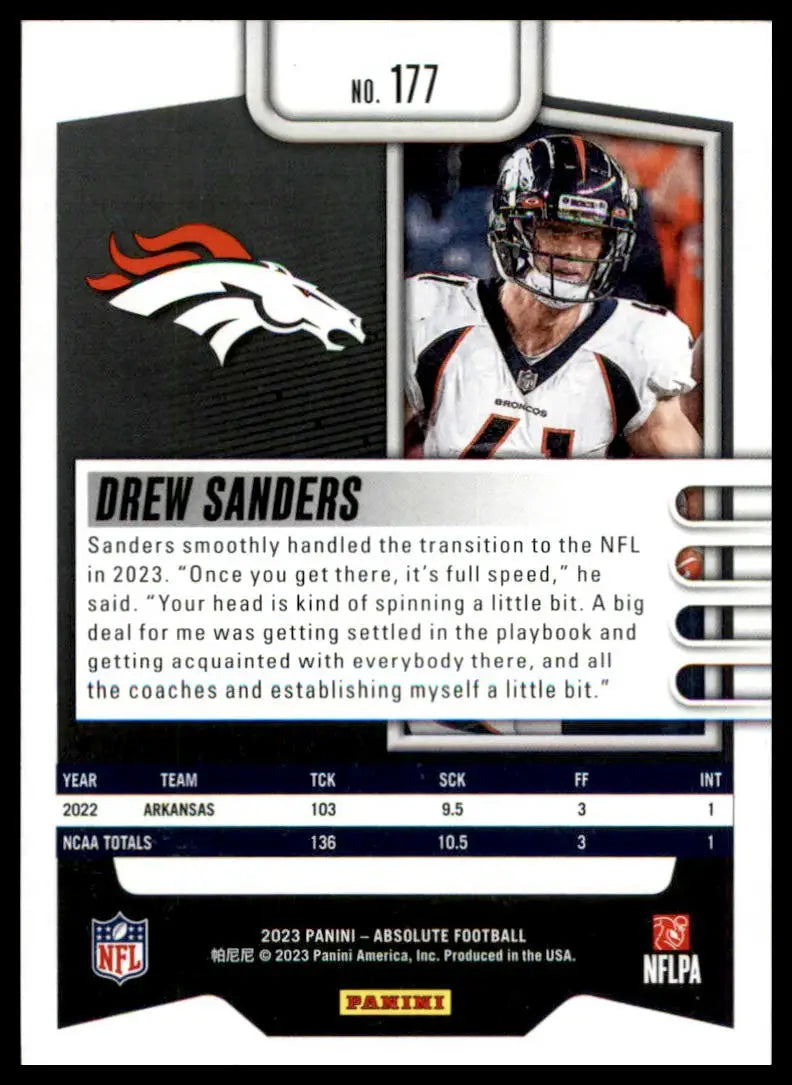 Drew Sanders football card from Panini Absolute 2023 Rookie series Denver Broncos