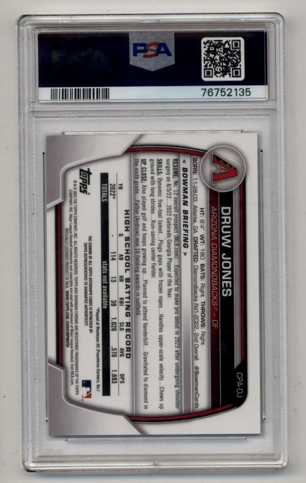 Druw Jones 2023 Bowman Chrome Prospects Speckle Refractor Auto 055/299 PSA 10 Gem Mint - Singles