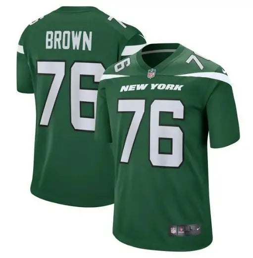 Green New York Jets Nike team game jersey with number 76 and BROWN on back
