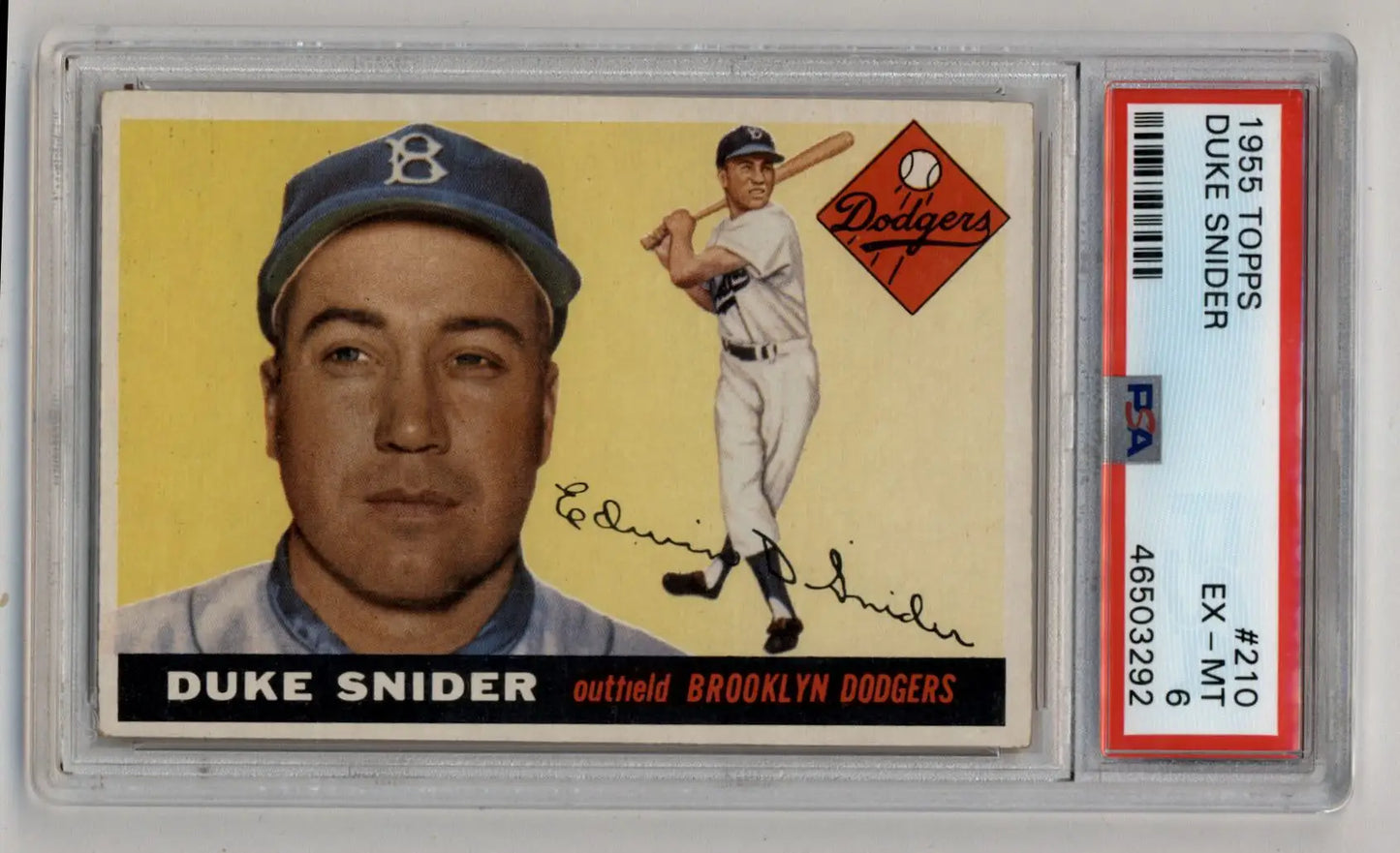 Vintage 1955 Topps Duke Snider baseball card in protective case, graded Excellent Mint