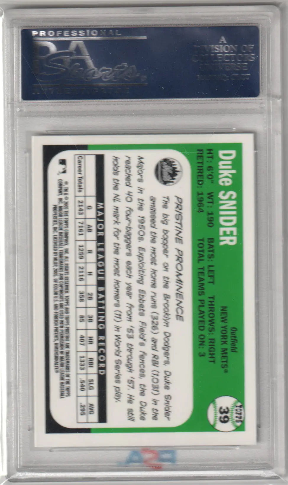 Duke Snider baseball card from Topps Pristine Legends autographed in GEM MINT condition