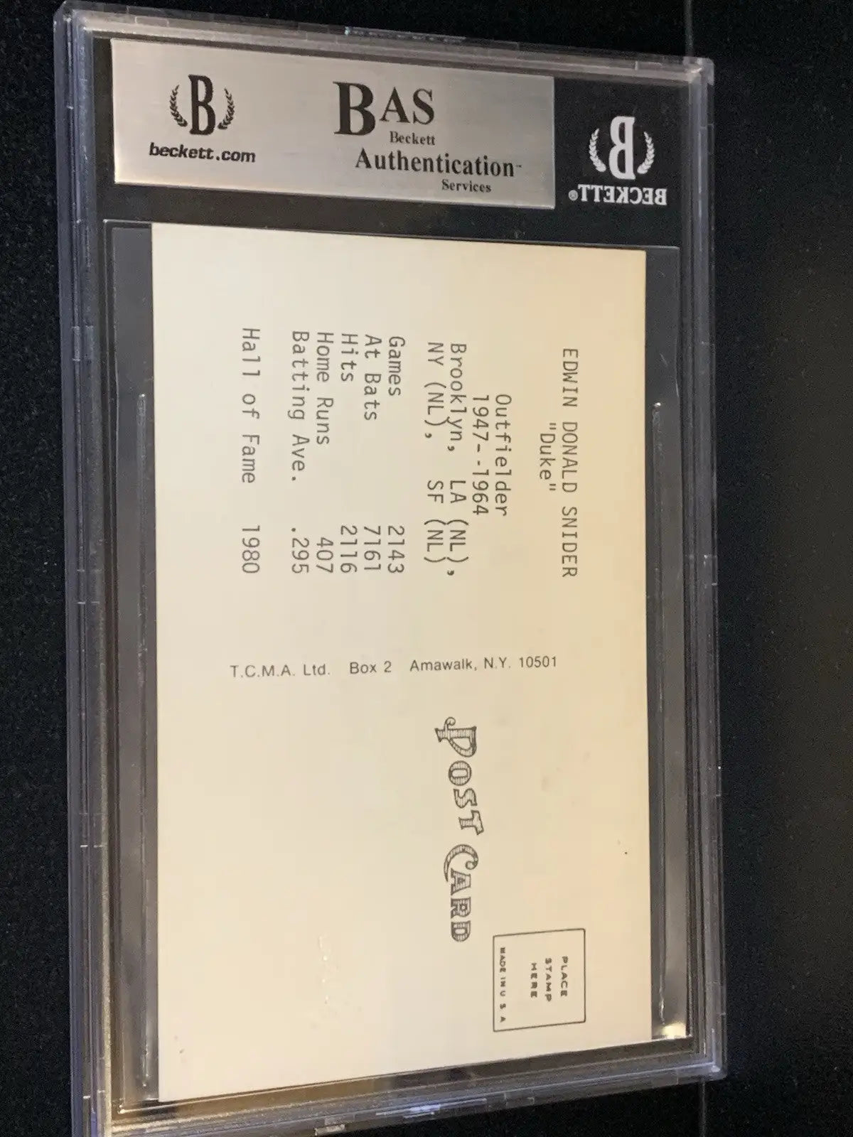 Graded trading card featuring Duke Snider signed TCMA baseball post card