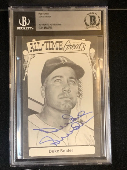 Graded Duke Snider autographed post card from TCMA Baseball’s All Time Greats collection