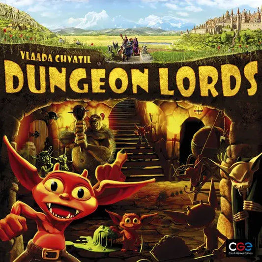 Board game box cover art for Dungeon Lords featuring a red cartoon monster character