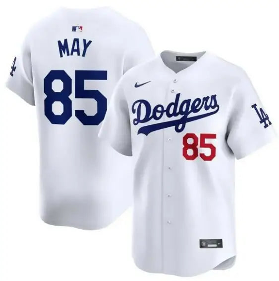 White Dodgers baseball jersey featuring Dustin May insignia and Nike branding