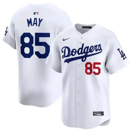 White Dodgers baseball jersey featuring Dustin May insignia and Nike branding
