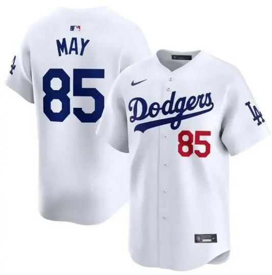White Dodgers baseball jersey featuring Dustin May insignia and Nike branding