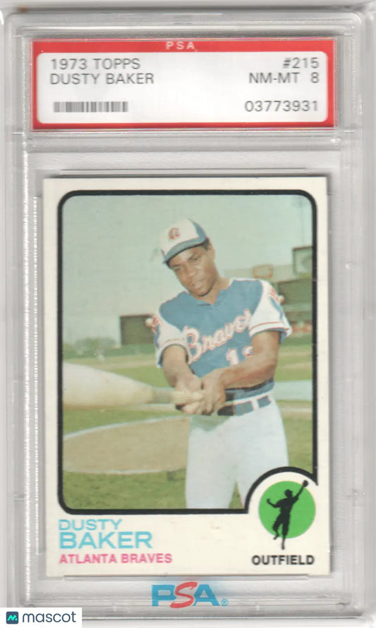 Graded 1973 Topps Dusty Baker baseball card, PSA 8 NM-MT, from Columbia Hobby