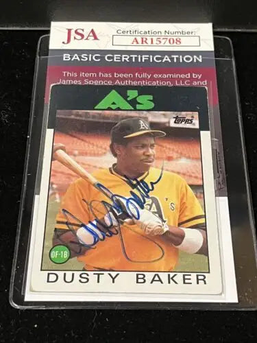 Signed Dusty Baker 1986 Topps Baseball Card #645 with JSA COA for collectors