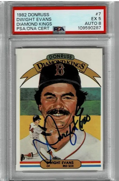 Graded 1982 Donruss Dwight Evans Diamond Kings baseball card with autograph and Red Sox logo
