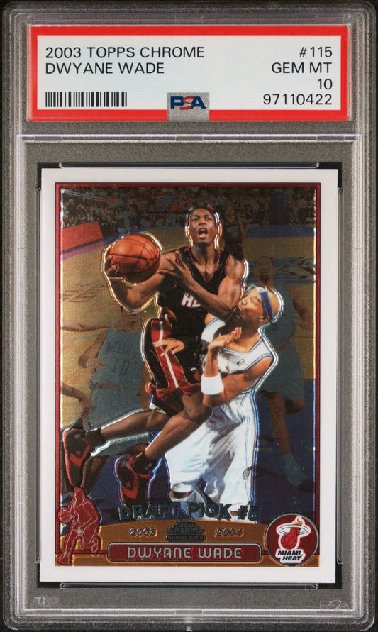 PSA 10 Gem Mint Dwyane Wade Topps Chrome Rookie card driving to the basket action shot