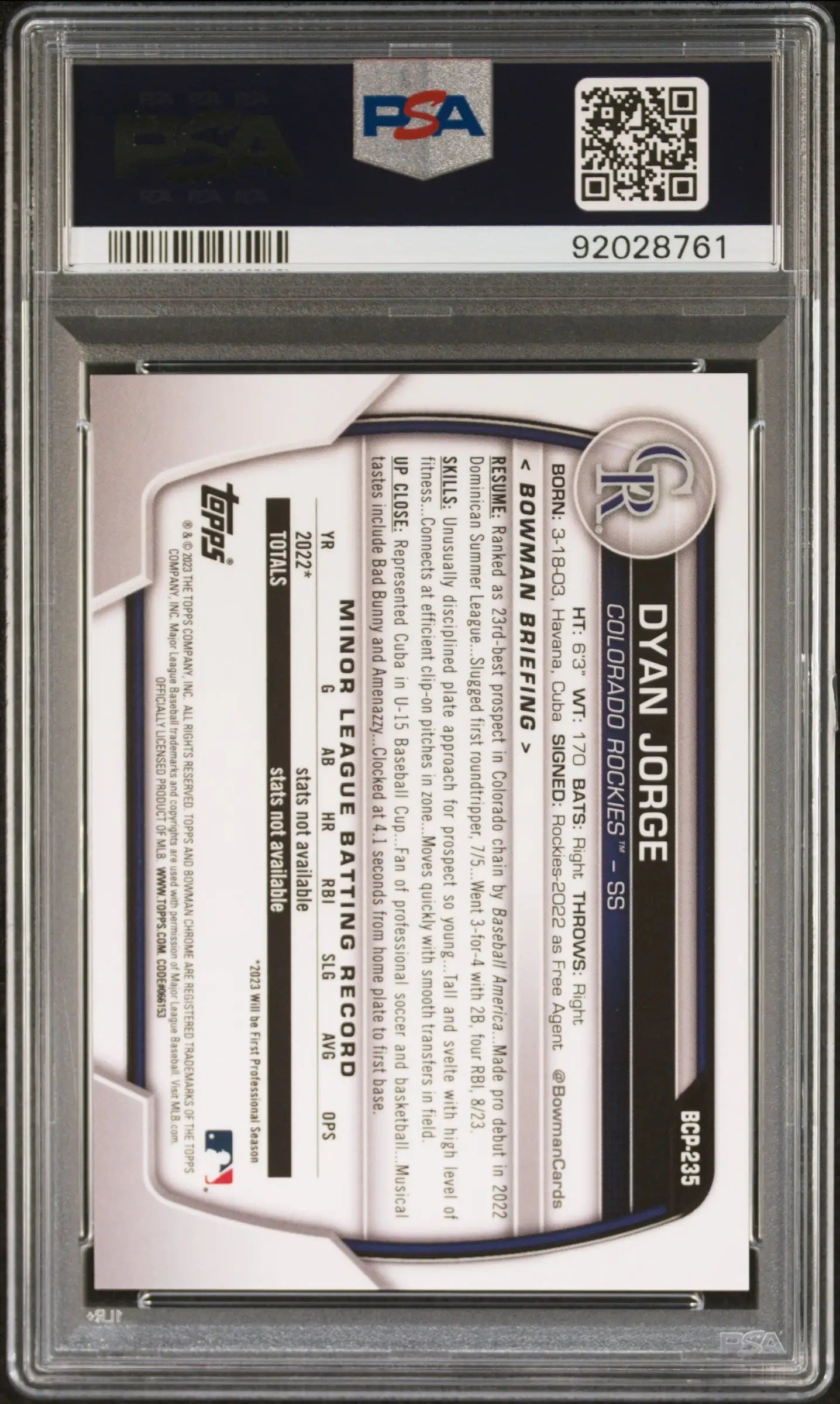Graded Dyan Jorge 2023 Bowman Chrome Sapphire Red baseball card PSA 10 Gem Mint
