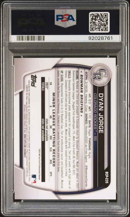 Graded Dyan Jorge 2023 Bowman Chrome Sapphire Red baseball card PSA 10 Gem Mint