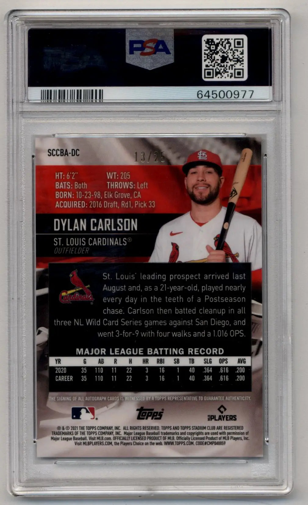 Dylan Carlson 2021 Stadium Club Chrome Orange Auto 13/25 PSA 10 Gem Mint - Singles
