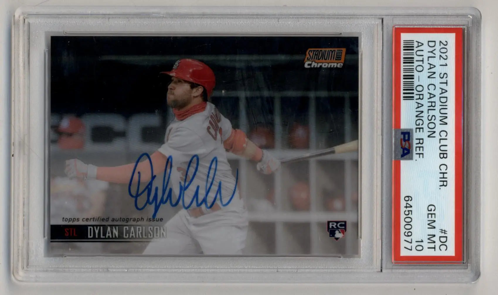 Dylan Carlson 2021 Stadium Club Chrome Orange Auto 13/25 PSA 10 Gem Mint - Singles