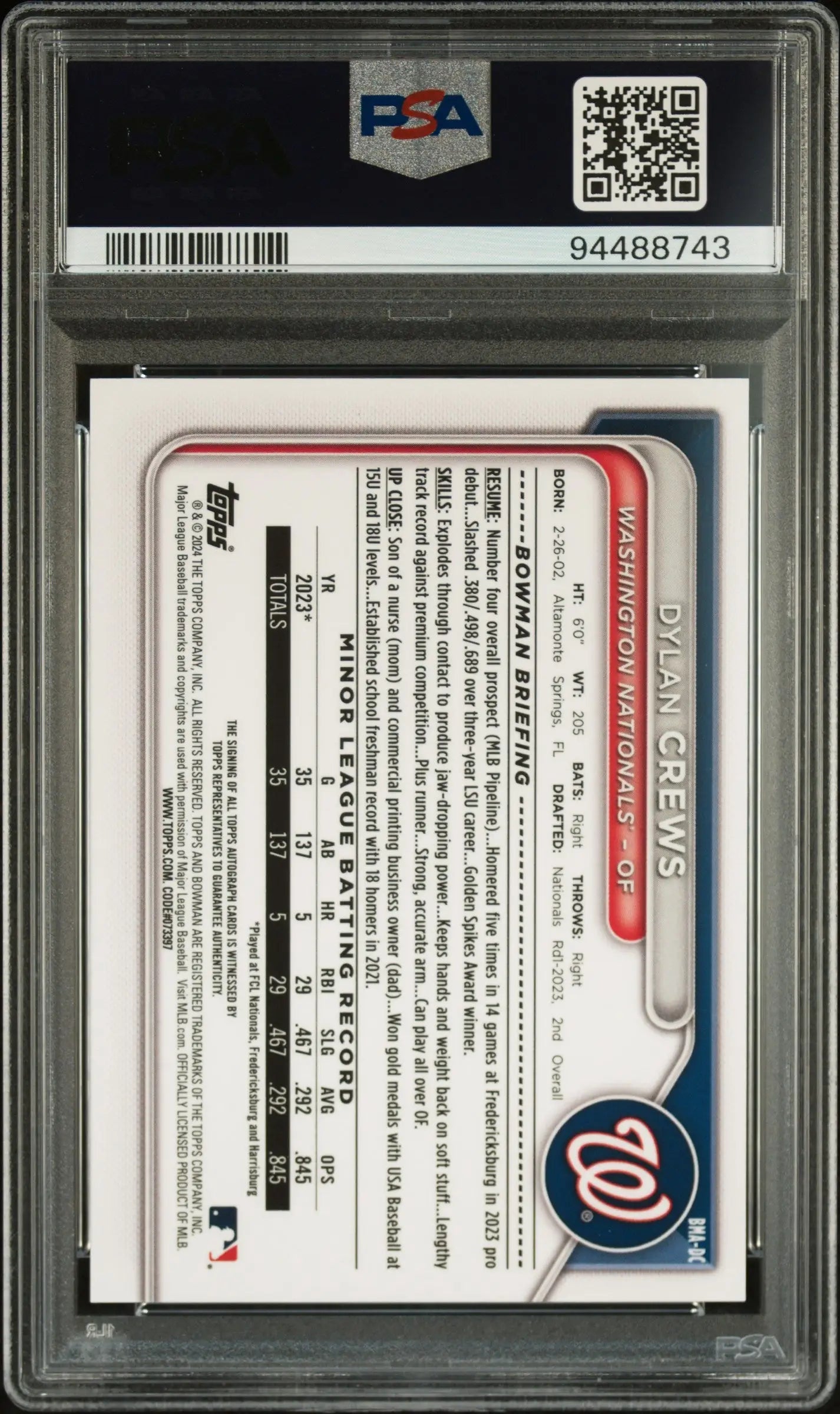 Encapsulated Dylan Crews 2024 Bowman Mega Box Green Refractor Auto PSA 10 Gem Mint
