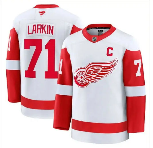 Detroit Red Wings hockey jersey featuring Dylan Larkin in white home premium style