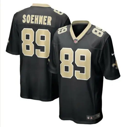 Black and gold New Orleans Saints Nike game jersey with number 89 for Dylan Soehner