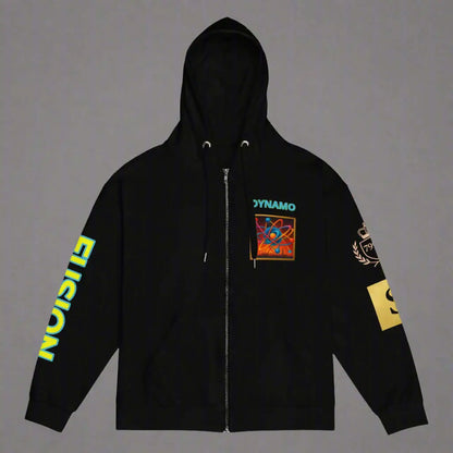 Black Dynamo zip-up hoodie with colorful graphics, perfect for stylish comfort and product safety