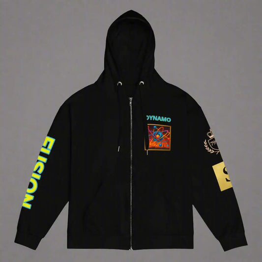 Black Dynamo zip-up hoodie with colorful graphics, perfect for stylish comfort and product safety