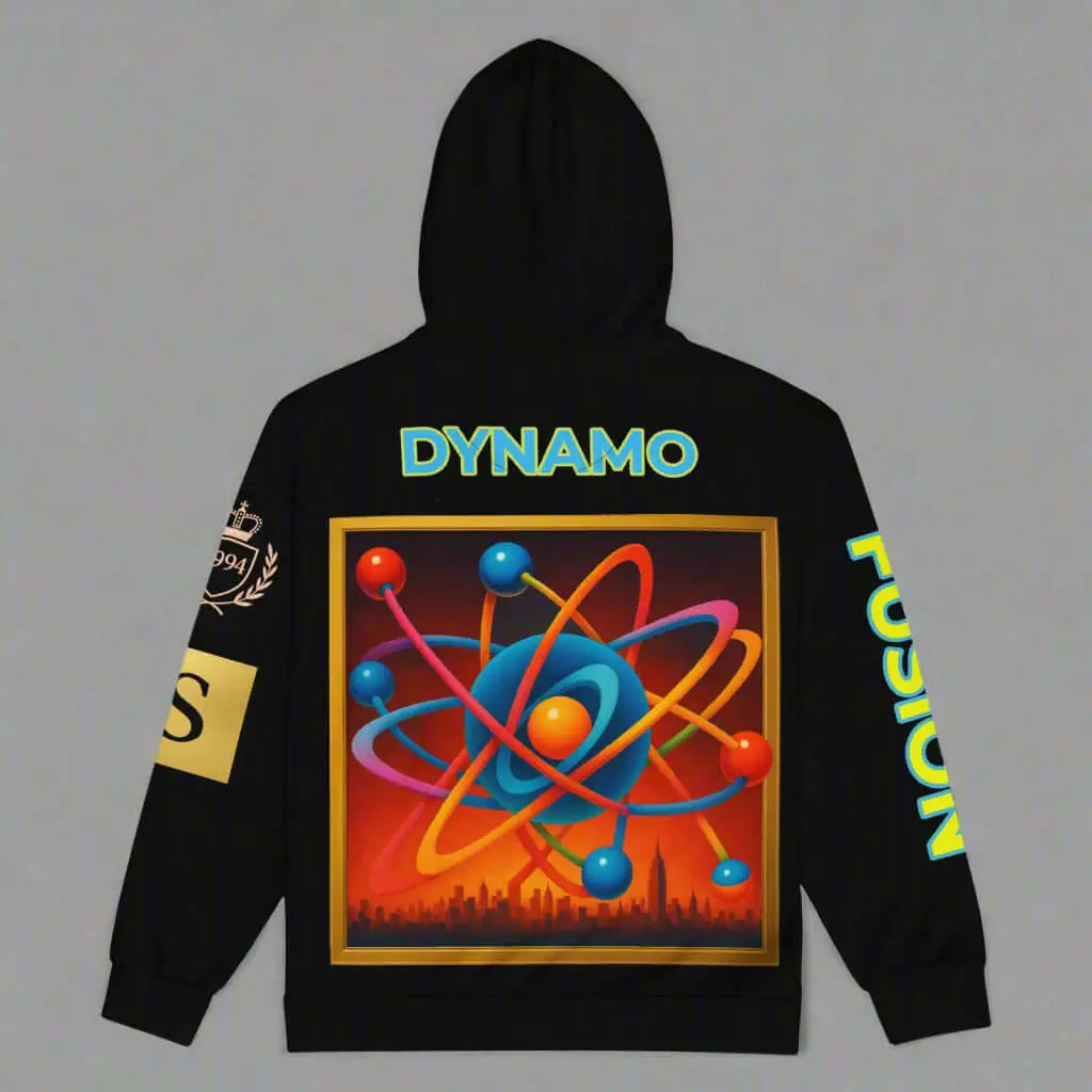 Black unisex zip hoodie with colorful atom design and DYNAMO FUSION text, emphasizing product safety