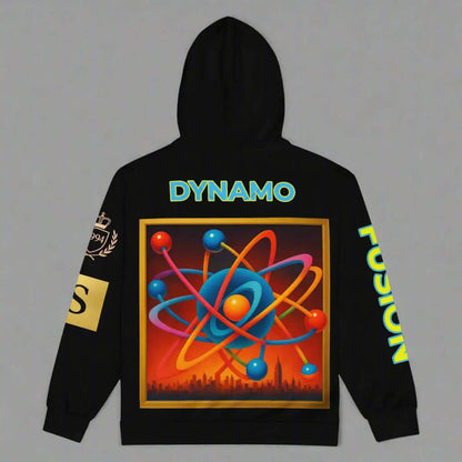 Black unisex zip hoodie with colorful atom design and DYNAMO FUSION text, emphasizing product safety