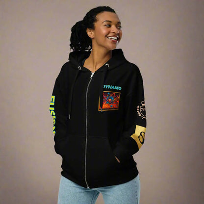 Black Dynamo unisex zip hoodie with colorful graphics, perfect for stylish comfort and product safety