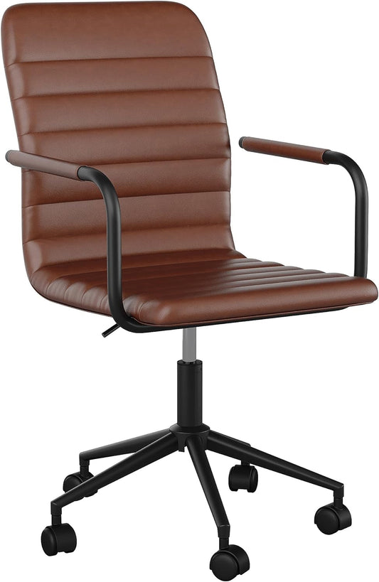 Taytum Swivel Task Chair with Armrests for Home Office in Saddle Brown Faux Leather with Oil Rubbed Bronze Frame-0