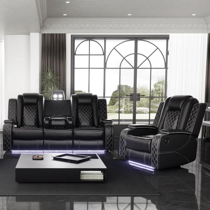 Power Black Leather Reclining Sofa Set with LED Light for Living Room Set，Theater Seat Recliner Chair 3 Seats Double Recliner Sofa with Drop-Down Table/Read Light/Wireless Charge/Usb Port-0