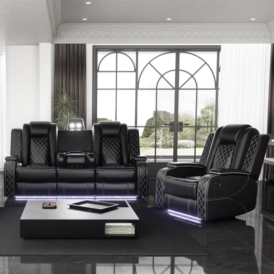Power Black Leather Reclining Sofa Set with LED Light for Living Room Set，Theater Seat Recliner Chair 3 Seats Double Recliner Sofa with Drop-Down Table/Read Light/Wireless Charge/Usb Port-0