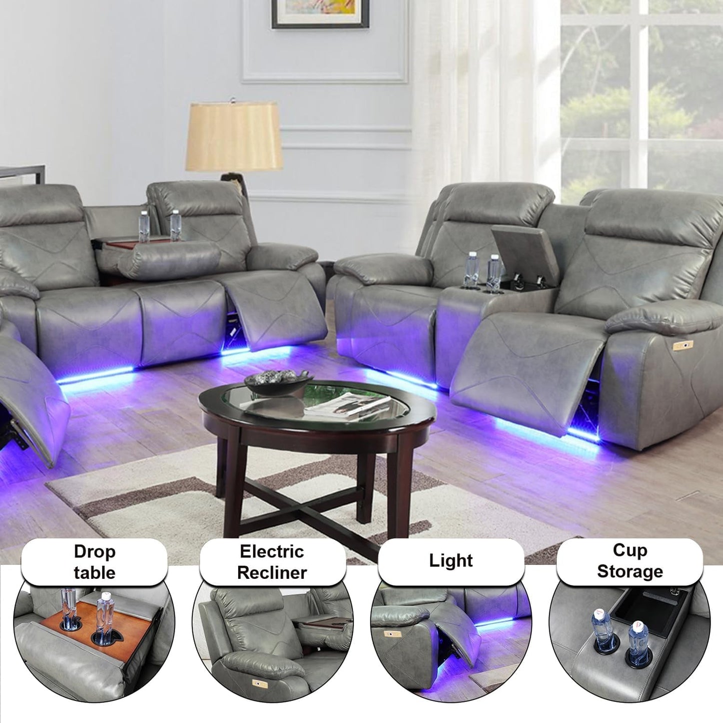 Power Leather Recliner Sofa Sets, 2 Pieces Living Room Furniture Sets with LED Lights, Grey Reclining Sofa Sets with USB Port for House/Office/Rv(A-Grey, Sofa+Loveseat)-4