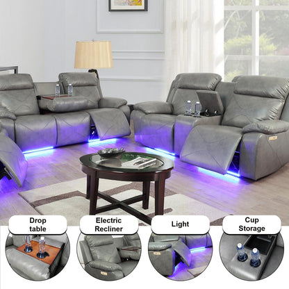 Power Leather Recliner Sofa Sets, 2 Pieces Living Room Furniture Sets with LED Lights, Grey Reclining Sofa Sets with USB Port for House/Office/Rv(A-Grey, Sofa+Loveseat)-4