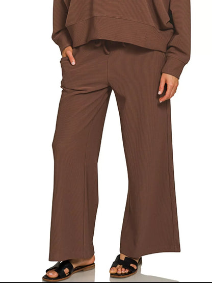 Zenana Ribbed Round Neck Pullover and Drawstring Pants Set