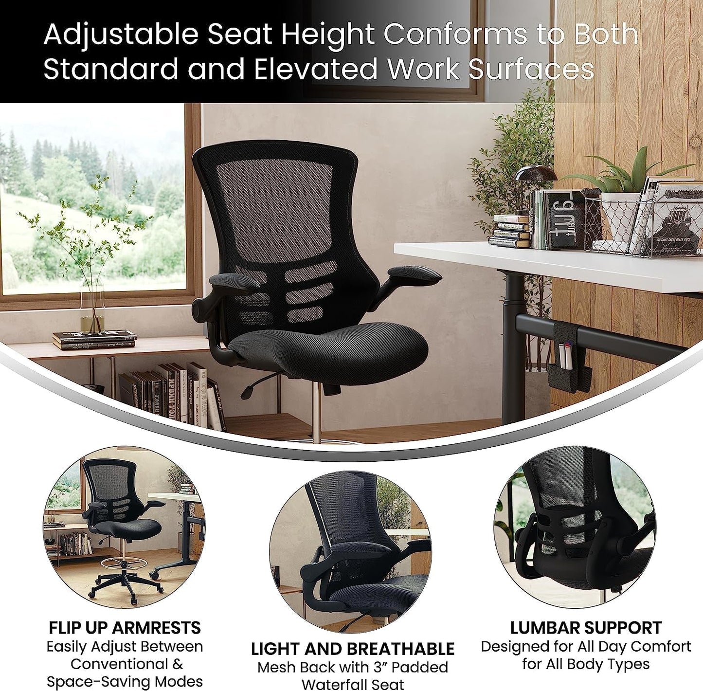 Kelista Mid-Back Swivel Office Chair with Adjustable Seat Height, Ergonomic Mesh Desk Chair with Flip-Up Armrests, Black-3