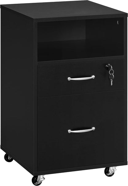 File Cabinet, under Desk Vertical Cabinet with 2 Drawers and Open Compartment, Printer Stand with Lockable Wheels for A4 Letter Size Hangable File Folders for Home Office(Black)-0