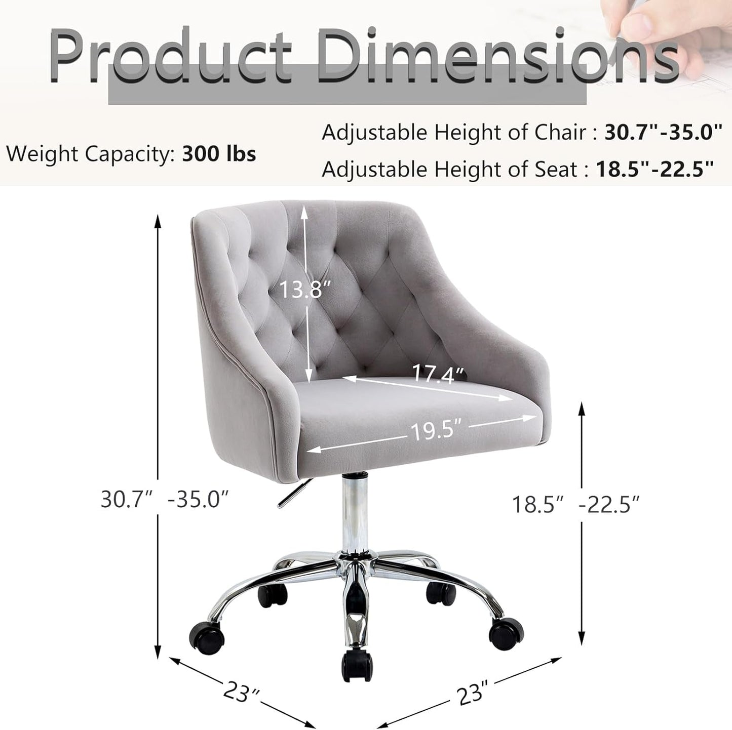 Velvet Office Swivel Chair, Vanity Chair, Fabric Desk Chair, Pretty Fancy Chair, Gold Office Chair for Girls, 360°Swivel Height Adjustable Reception Chair (Grey)-2