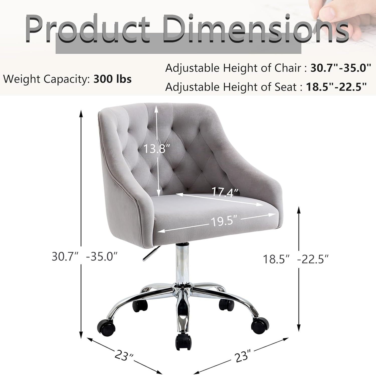 Velvet Office Swivel Chair, Vanity Chair, Fabric Desk Chair, Pretty Fancy Chair, Gold Office Chair for Girls, 360°Swivel Height Adjustable Reception Chair (Grey)-2