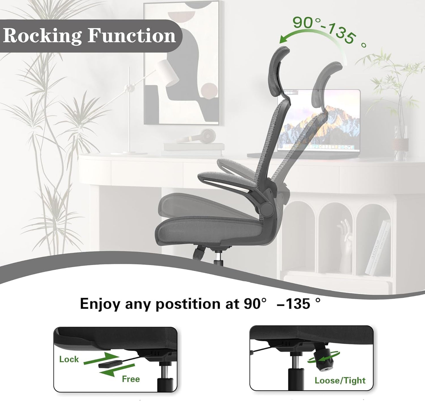 Ergonomic Mesh Office Chair, High Back Computer Desk Chair with Adjustable Lumbar Support & Headrest, Swivel Task Chair with Flip-Up Armrests for Home & Office (English, Dark Grey)-2