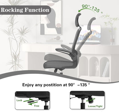 Ergonomic Mesh Office Chair, High Back Computer Desk Chair with Adjustable Lumbar Support & Headrest, Swivel Task Chair with Flip-Up Armrests for Home & Office (English, Dark Grey)-2