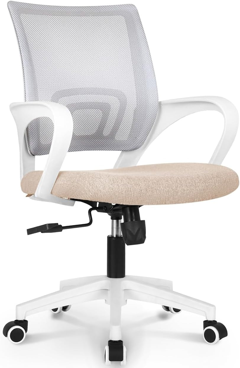 Office Chair Computer Desk Chair Gaming Ergonomic Mid Back Cushion Lumbar Support with Comfy Mesh Adjustable Swivel Rolling Home (Beige)-0