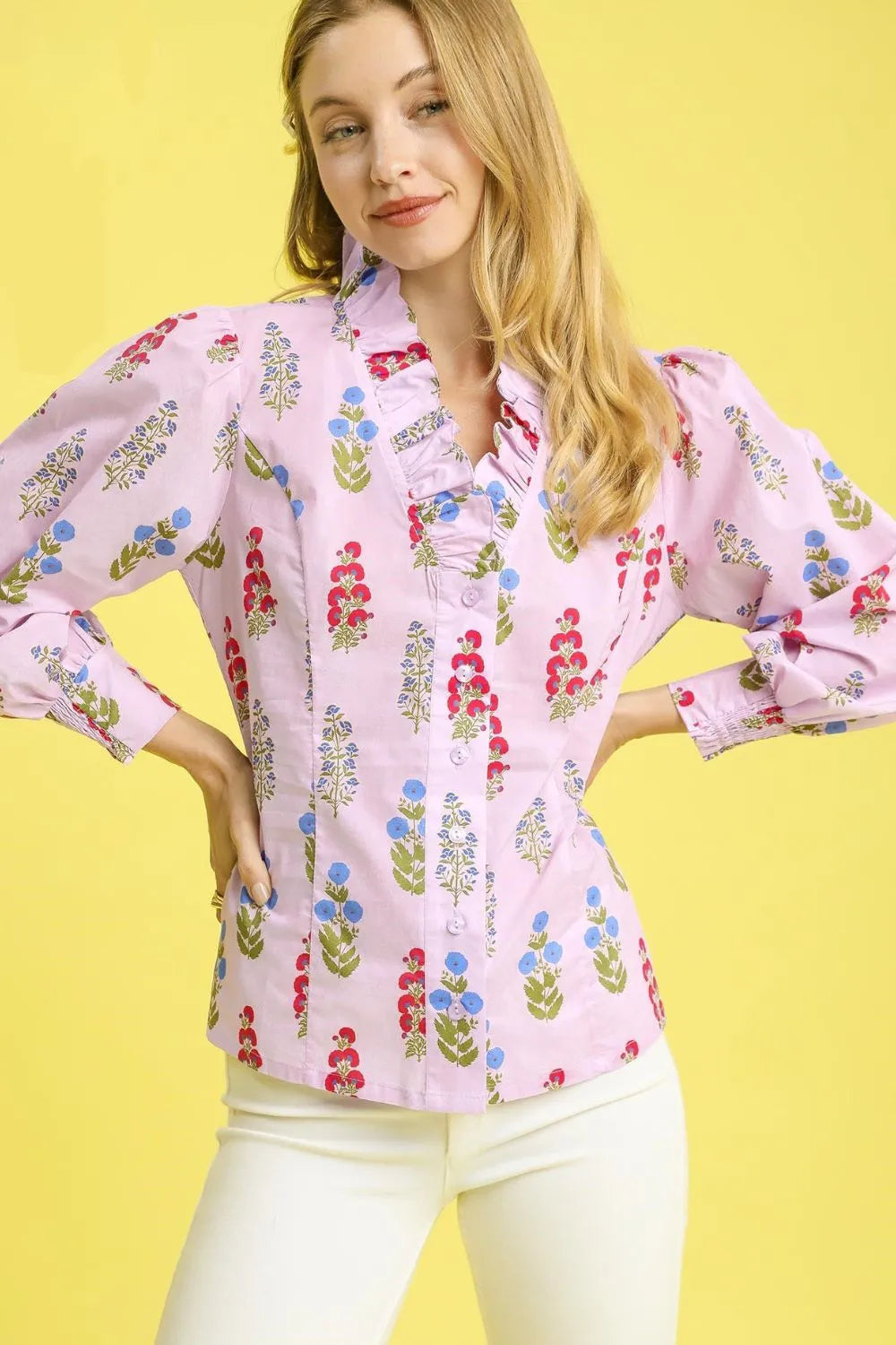 Umgee Floral Print Lantern Sleeve Button Down Shirt